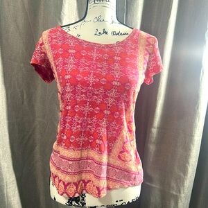 Lucky Brand Women's Shirt S Pink Floral Mix Border Boho Top Blouse Pullover NWT